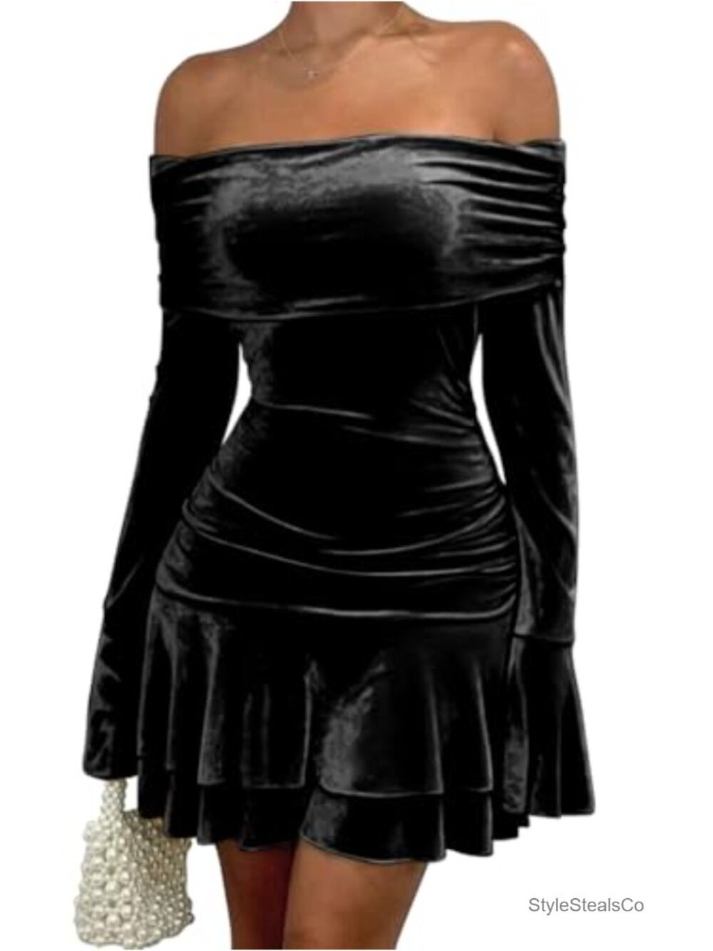 Velvet Off Shoulder Long Sleeve Bodycon Mini Dress Ruffle Hem Ruched